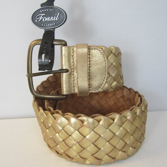 New Fossil Women Medium Gold Metallic Leather Woven Wide Belt Brass Buckle NWT